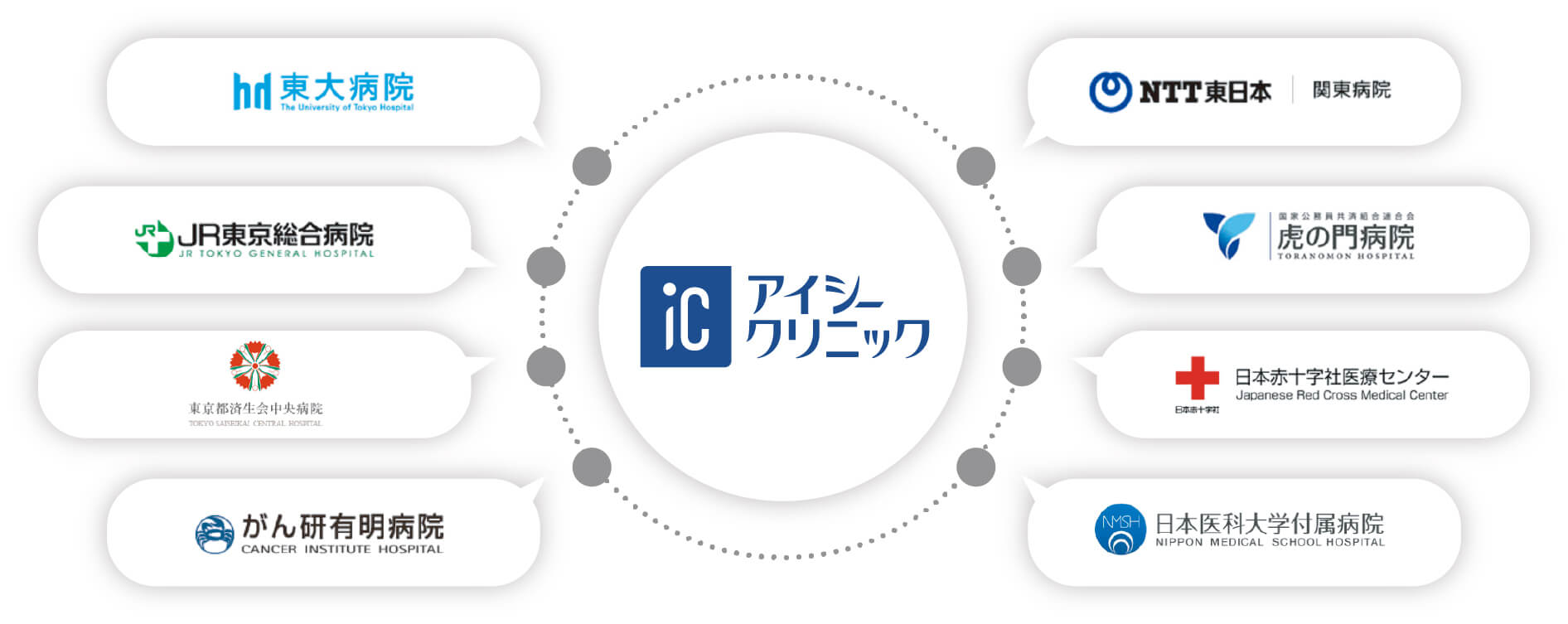 東大病院　JR東京総合病院　東京都済生会中央病院　がん研有明病院　NTT東日本関東病院　虎の門病院　日本赤十字社医療センター　日本医科大学附属病院
