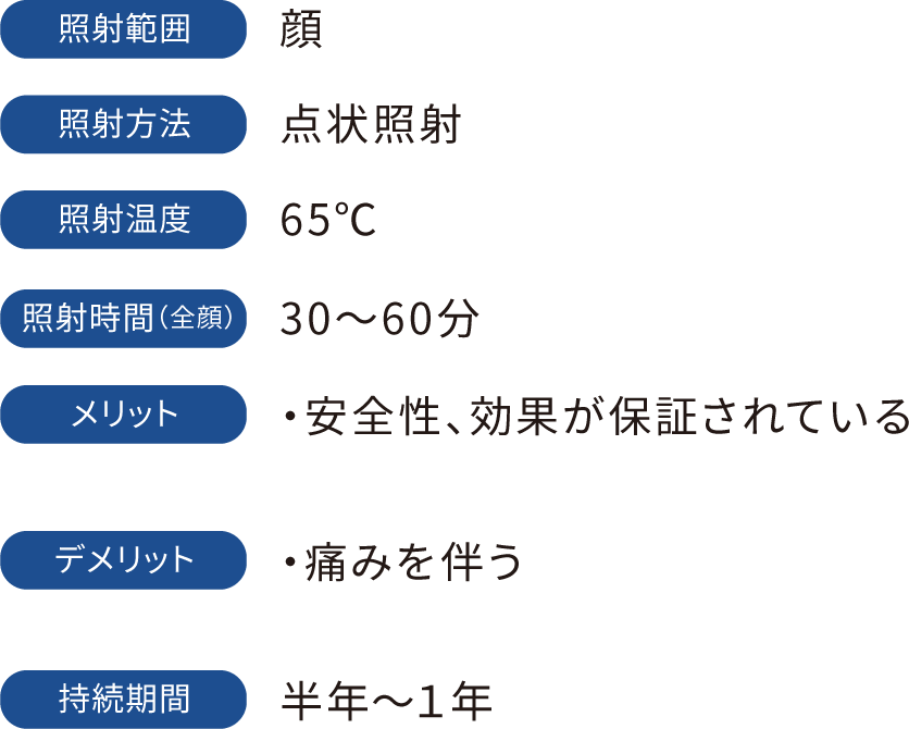 照射範囲：顔　照射方法：点状照射　照射温度：65℃　照射時間（全顔）：30～60分　メリット：・安全性、効果が保証されている　デメリット：・痛みを伴う　持続期間：半年～１年