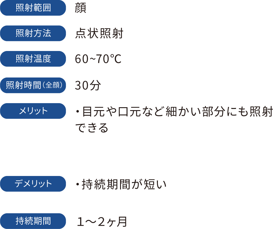 照射範囲：顔　照射方法：点状照射　照射温度：60~70℃　照射時間（全顔）：30分　メリット：・目元や口元など細かい部分にも照射できる　デメリット：・持続期間が短い　持続期間：１～２ヶ月