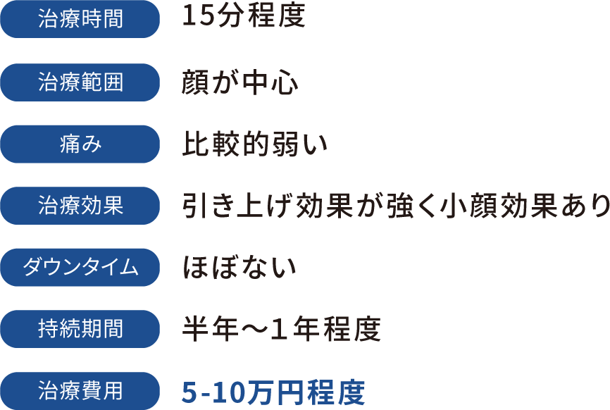 治療時間：15分程度　治療範囲：顔が中心　痛み：比較的弱い　治療効果：引き上げ効果が強く小顔効果あり　ダウンタイム：ほぼない　持続期間：半年〜１年程度　治療費用：5-10万円程度